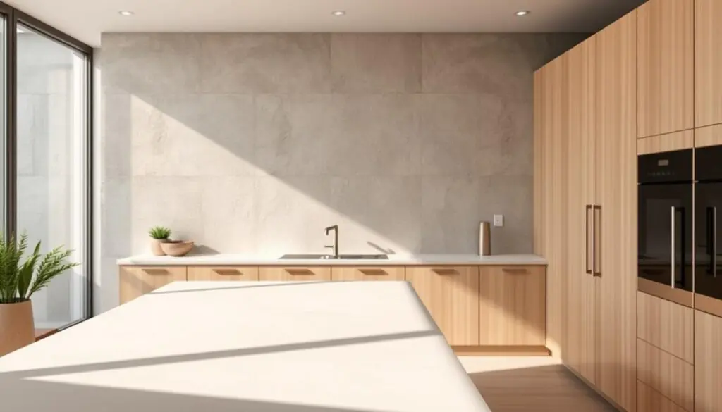A sun-drenched, modern kitchen with a neutral color palette and textural elements. The foreground features a sleek, minimalist kitchen island with a smooth, matte countertop. The middle ground showcases natural wood cabinetry with a subtle grain pattern, complemented by brushed metal hardware. In the background, textured stone or concrete walls provide depth and visual interest, capturing the play of light and shadow. The overall atmosphere is one of understated elegance, where the interplay of materials and tones creates a sense of serene sophistication.