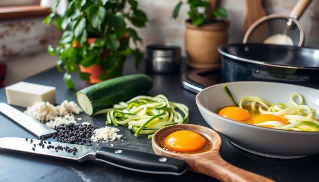 A table top with an array of ingredients for preparing a perfect zucchini carbonara: freshly cracked black pepper, grated parmesan, ribbons of zucchini, and two farm-fresh egg yolks nestled in a shallow bowl. In the foreground, a chef's knife and a wooden spoon rest next to a sizzling pan, the light from the stovetop casting a warm glow. In the background, a lush green potted plant and a vintage Italian pasta strainer hang on the wall, creating an authentic, rustic ambiance. The overall scene conveys a sense of culinary mastery and attention to detail, setting the stage for the creation of a truly exceptional zucchini carbonara.