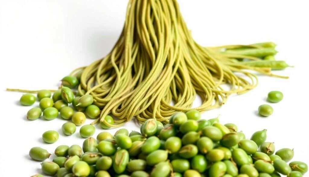 A tightly framed, high-resolution photograph of a still life arrangement showcasing the key ingredients for organic edamame spaghetti. In the foreground, a pile of fresh edamame pods, their vibrant green hues contrasting against a white background. In the middle ground, a bundle of long, slender spaghetti noodles made from ground edamame beans, their irregular, organic shapes suggesting a handmade quality. Scattered around the noodles are a few whole edamame pods, their fuzzy shells adding visual texture. The lighting is natural and even, creating soft shadows that accentuate the shapes and colors of the ingredients. The overall mood is clean, simple, and appetizing, inviting the viewer to imagine the nutritious, high-protein dish that can be created from these wholesome elements.