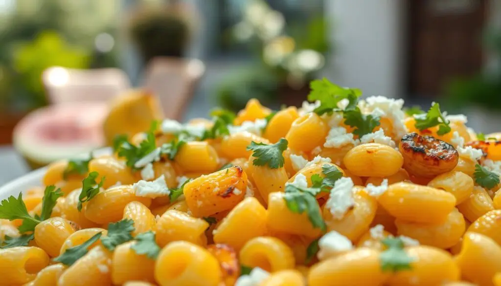 A vibrant and appetizing close-up of an elote-inspired pasta salad. In the foreground, an artfully arranged serving of freshly cooked pasta shells, glistening with a creamy, golden sauce. Scattered throughout, kernels of grilled corn, their charred edges adding pops of sweetness and texture. Freshly chopped cilantro and a sprinkle of crumbled cotija cheese adorn the dish, lending a bright, herbaceous note and a subtle saltiness. The mid-ground features a blurred background of a casual, sun-dappled outdoor setting, hinting at the al fresco enjoyment this dish is meant to evoke. Soft, diffused lighting from the side casts a warm, inviting glow over the scene, making the vibrant colors and textures of the pasta salad truly shine.
