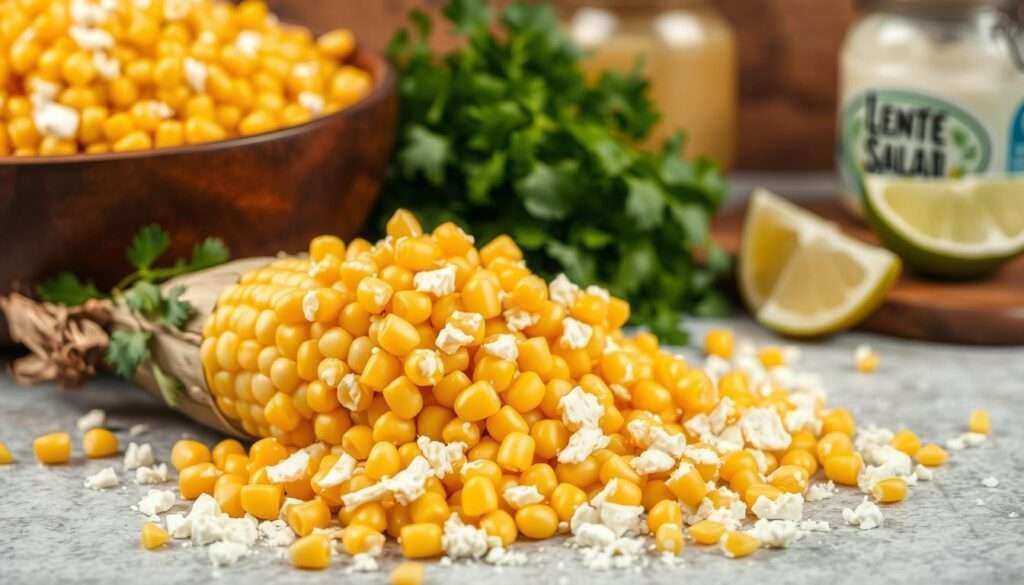 A vibrant still life capturing the fresh ingredients for an Elote Pasta Salad. In the foreground, an array of plump, golden corn kernels spilling from a wooden bowl, their succulent texture and vibrant hue accentuated by soft, diffused lighting. Surrounding the corn, a scattering of crumbled cotija cheese, the white flecks contrasting beautifully against the corn's warmth. In the middle ground, a bundle of fresh cilantro, its delicate green leaves fanning out, adding a lively, herbal note. In the background, a jar of mayonnaise and a wedge of lime, hinting at the flavors to come. The overall composition is arranged with a sense of natural elegance, inviting the viewer to imagine the flavors and textures of the final Elote Pasta Salad.