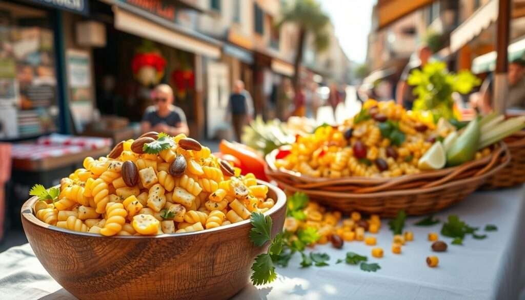 A vibrant, sun-drenched street scene showcasing a mouthwatering street corn pasta salad. In the foreground, a rustic wooden bowl overflows with vibrant elote kernels, grilled to perfection and tossed with al dente pasta in a creamy, tangy dressing. Decorative toasted pepitas and fresh cilantro leaves add pops of color and texture. In the middle ground, a colorful spread of fresh vegetables and herbs spills over a crisp white tablecloth, reflecting the light. In the background, a bustling urban street comes alive with the energy of a lively marketplace, hinting at the artisanal, homemade quality of the salad. The image is bathed in warm, golden tones, evoking the comfort and nostalgia of a classic street food experience.