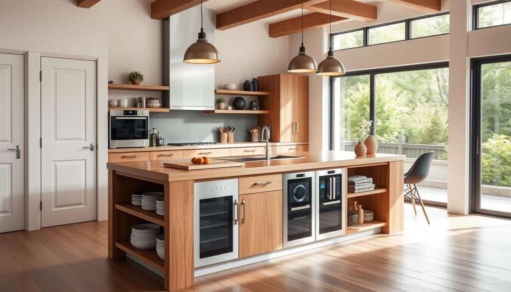 A well-designed, multifunctional kitchen island with ample counter space, shelving, and built-in appliances. The island is crafted from a warm, natural wood, complemented by sleek, stainless steel accents. Soft, overhead lighting casts a cozy glow, while large windows fill the space with natural light. The island's layout includes a breakfast bar, cutting board, and neatly organized storage for kitchen essentials. The overall aesthetic is a harmonious blend of functionality and modern, minimalist style, creating a versatile and inviting centerpiece for a small, efficient kitchen.