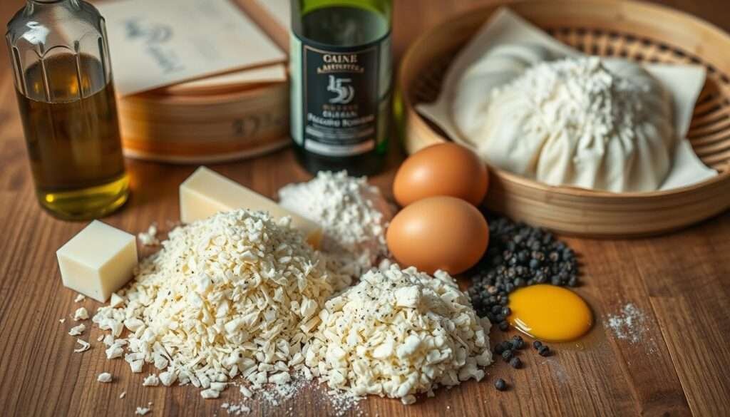 A well-lit, high-angle shot of a wooden table showcasing the key ingredients for cacio e pepe gyoza: freshly grated Pecorino Romano cheese, coarsely cracked black peppercorns, a pile of all-purpose flour, eggs, and a bottle of quality olive oil. In the background, blurred but visible, a set of authentic Asian dumpling wrappers and a bamboo steamer basket. The overall composition gives a sense of rustic elegance and a focus on the core components needed to craft this unique fusion dish.