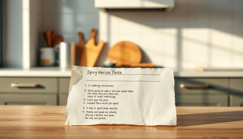 A well-lit, high-resolution photograph of a clean, modern kitchen countertop. In the foreground, a set of hand-written cooking instructions on aged paper is placed prominently, with simple illustrations of the steps. The background is softly blurred, creating a sense of focus on the instructions. The lighting is warm and natural, casting gentle shadows that add depth and dimensionality to the scene. The overall atmosphere is one of simplicity, clarity, and culinary inspiration, perfectly suited to illustrate a step-by-step guide for a spicy harissa pasta recipe.