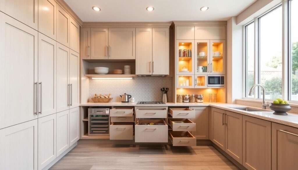 A well-organized, modern kitchen with ample built-in storage solutions. In the foreground, a series of deep cabinets with sleek, beige-toned doors offer abundant space for cookware and pantry items. The middle ground showcases a set of pull-out drawers, their faces flush with the cabinetry, providing easy access to spices, utensils, and small appliances. Recessed lighting casts a warm, even glow across the space, while large windows in the background allow natural light to filter in, creating a bright, airy atmosphere. The overall design seamlessly blends functionality and style, reflecting the "Functional Upgrades with Stylish Flair" theme.