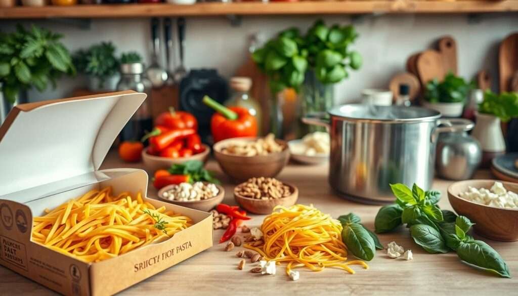 A well-stocked kitchen counter, adorned with an array of fresh herbs, spices, and colorful produce. In the foreground, an open pasta box and a steaming pot of boiling water, suggesting the preparation of a customizable spicy harissa pasta dish. Across the counter, an assortment of vibrant toppings and mix-ins - sliced chili peppers, toasted pine nuts, crumbled feta, and fresh basil leaves, inviting the chef to personalize the dish to their taste. The lighting is warm and natural, casting a soft, inviting glow over the scene, as if captured by a wide-angle lens in a bright, airy kitchen. The overall mood is one of culinary creativity and the joy of customizing a delicious, versatile meal.