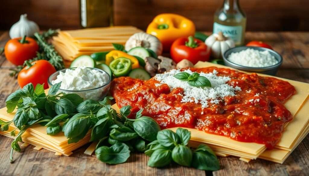 Arrange a bountiful array of fresh, vibrant ingredients on a rustic wooden table. In the foreground, place a selection of pasta sheets, tomato sauce, creamy ricotta, grated mozzarella, and freshly chopped basil leaves. In the middle ground, display sliced zucchini, bell peppers, and mushrooms, creating a colorful vegetable medley. In the background, include a sprig of rosemary, a garlic bulb, and a bottle of olive oil, hinting at the flavorful seasonings that will elevate the dish. Bathe the scene in warm, natural lighting, casting soft shadows and highlighting the textures of the ingredients. Convey a sense of culinary anticipation and the promise of a delectable, homemade vegetarian lasagna.