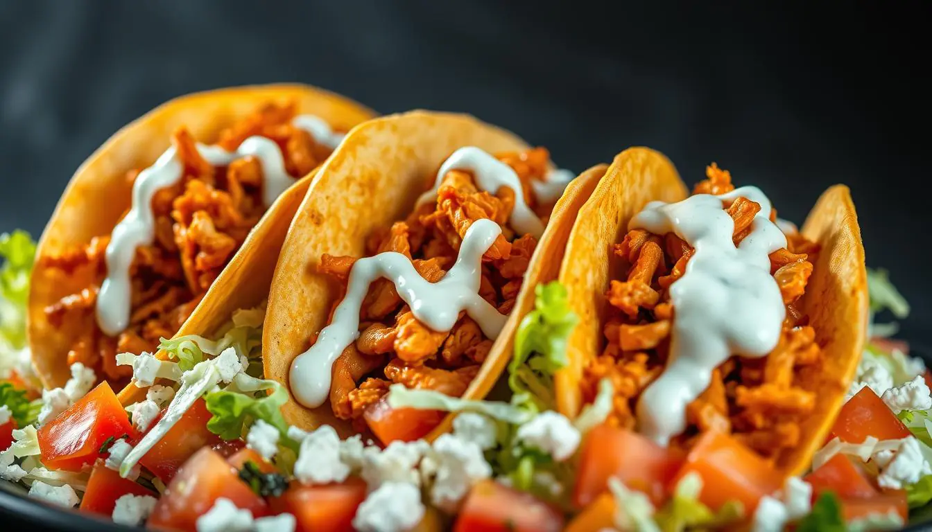 Buffalo Chicken Tacos with Blue Cheese Drizzle