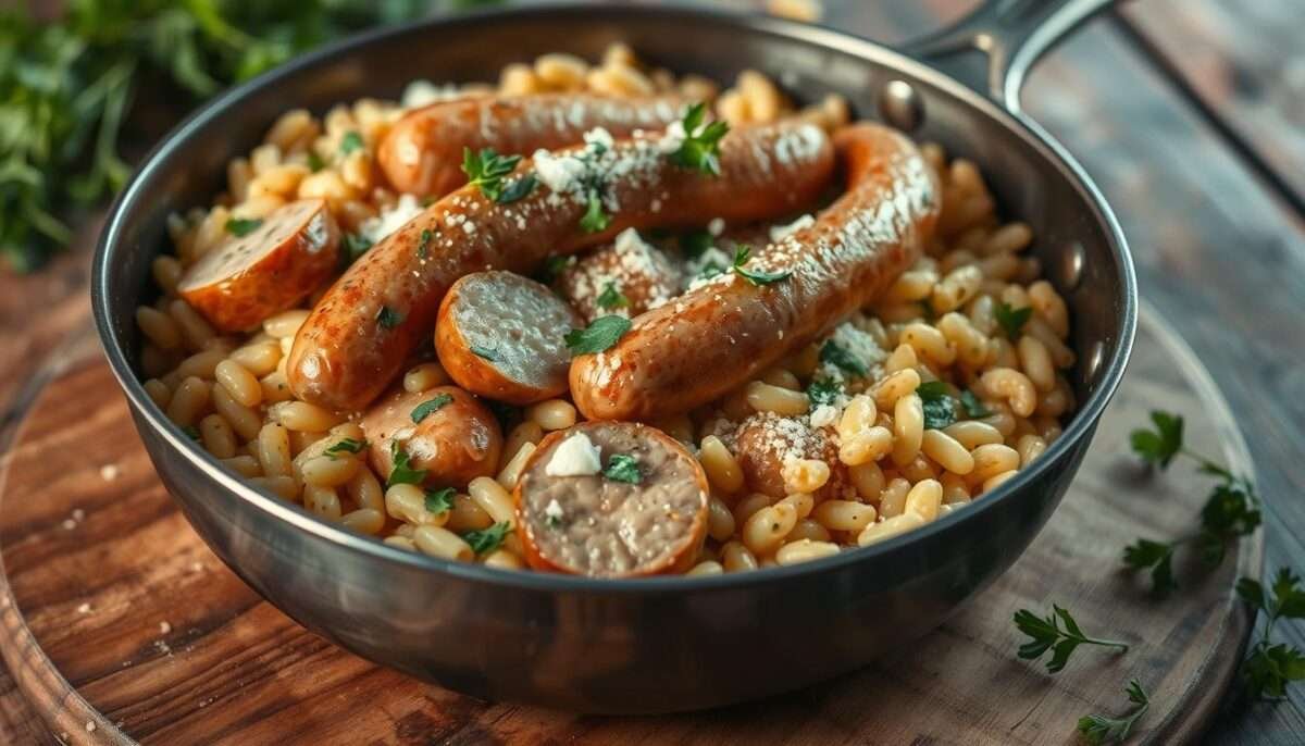 Creamy Chicken Sausage Orzo Skillet - Eat Yourself Skinny
