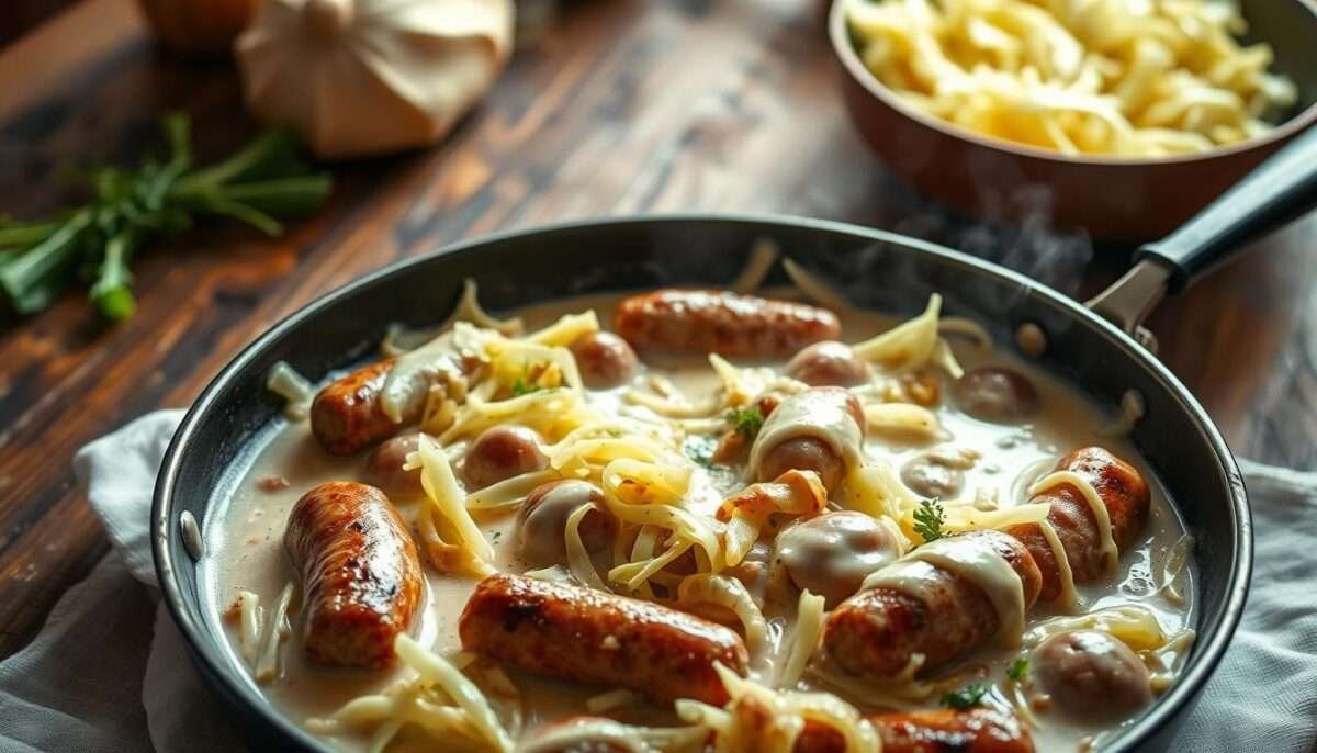 One-Pot Vegan Sausage, Cabbage & Alfredo Skillet