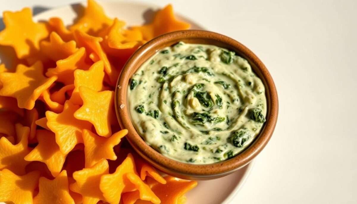 Pasta Chips with Spinach-Artichoke Dip