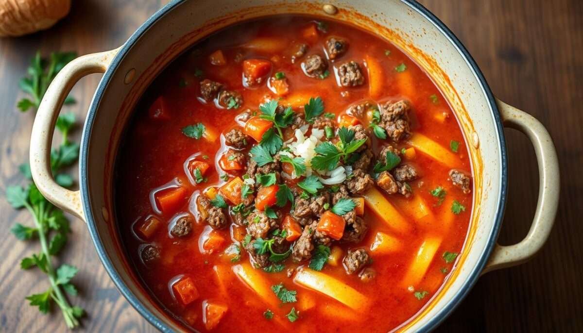 Rich Ground Beef and Tomato Soup with Noodles