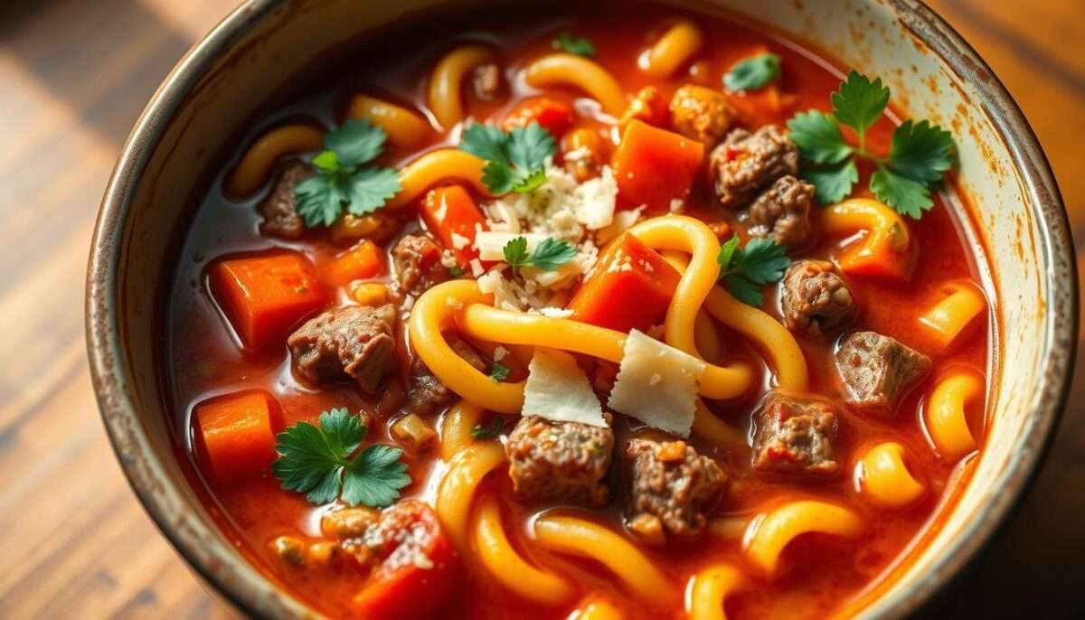 Savory & Hearty Ground Beef and Tomato Soup with Noodles