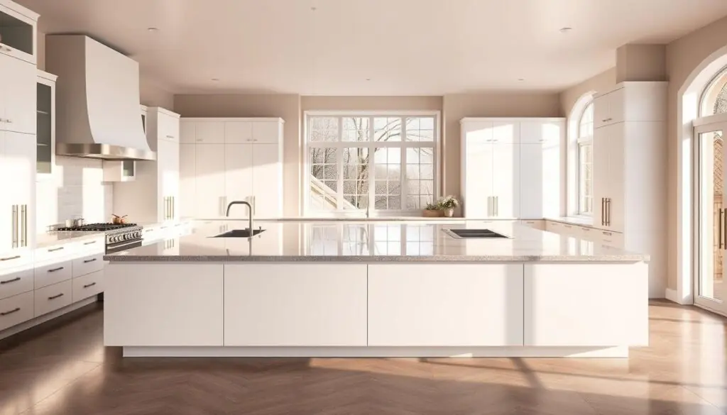 Sleek, modern kitchen with two gleaming islands positioned side-by-side, bathed in warm, natural lighting from large windows. The islands feature clean, minimalist lines with a mix of materials - glossy white cabinets, polished stone countertops, and a centralized prep area. The layout allows for ample workspace, storage, and room for multiple cooks to collaborate seamlessly. Subtle accents of brushed metal hardware and concealed lighting add sophistication. The atmosphere is one of efficiency and culinary inspiration, perfect for the passionate home chef.