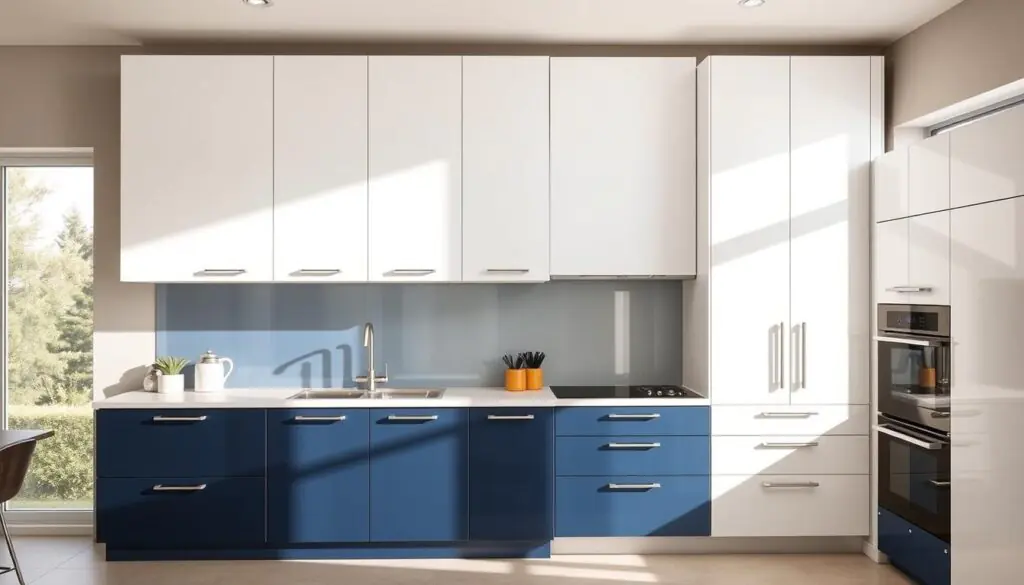 Two sleek, modern kitchen cabinets in a bold, contrasting color scheme. The upper cabinets feature a crisp, matte white finish, while the lower cabinets showcase a deep, rich navy blue hue. Subtle metallic hardware and a minimalist design create a sense of elegance and refinement. Bright, natural lighting streams in through large windows, casting a warm glow and accentuating the cabinets' clean lines. The kitchen's neutral tile flooring and stainless steel appliances provide a cohesive, high-end aesthetic. This two-tone cabinetry design effortlessly blends functionality and style, delivering a bold visual statement that anchors the entire space.