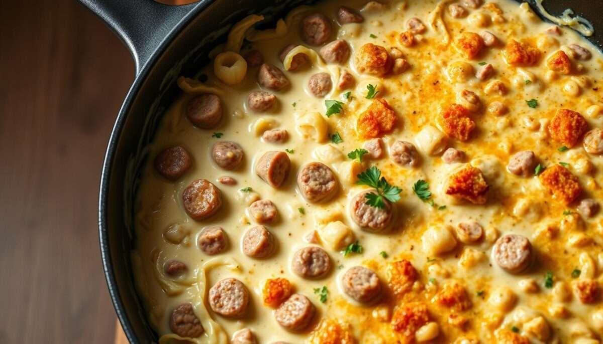 Vegan Cabbage & Sausage Alfredo Bake