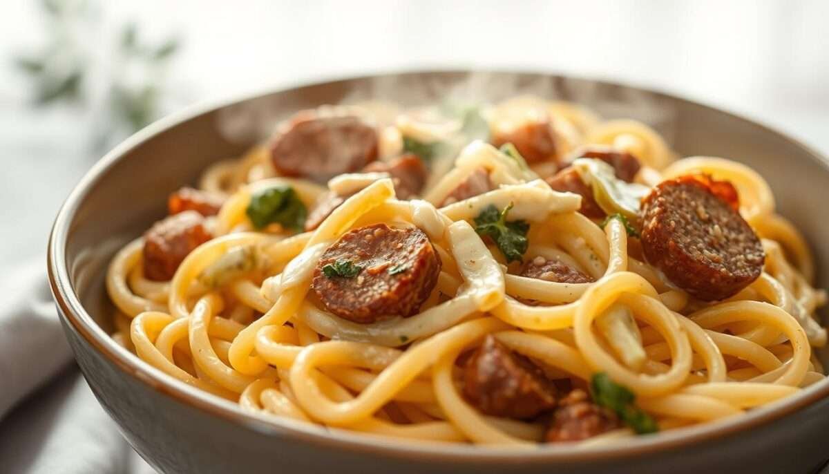 Vegan Sausage & Cabbage Alfredo Pasta