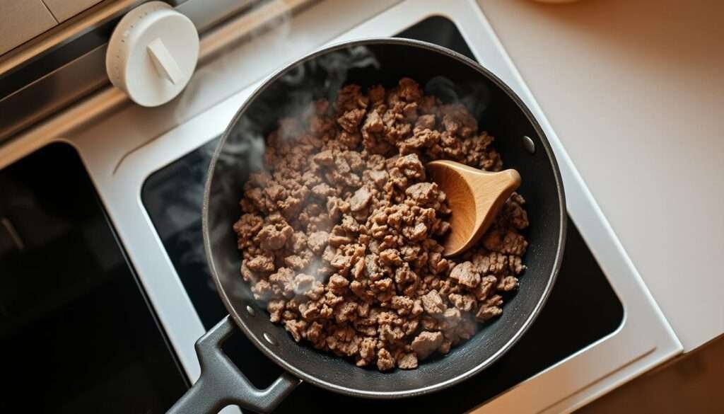 cooking ground beef in skillet