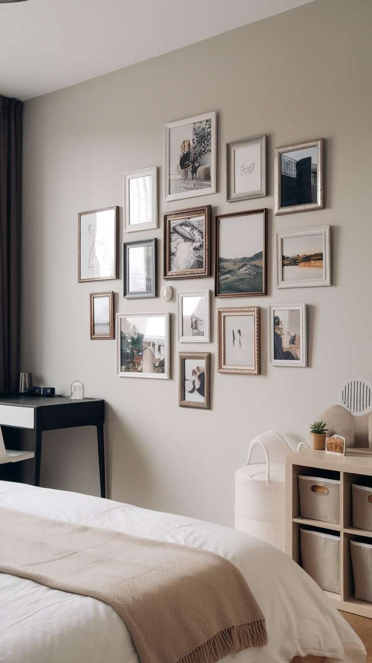 A well-arranged photo wall collage with various frames and images.