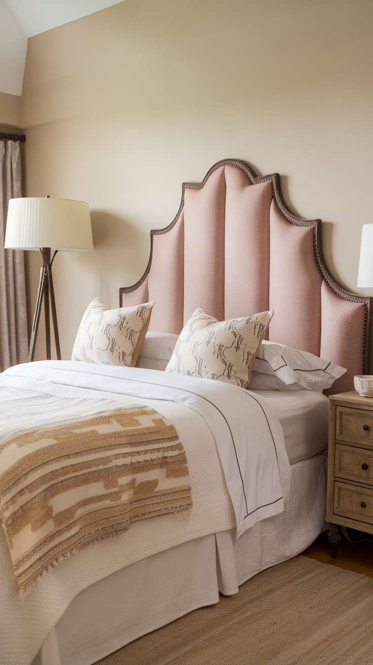 A stylish upholstered headboard in a soft pink fabric with decorative details, complementing a neatly made bed.