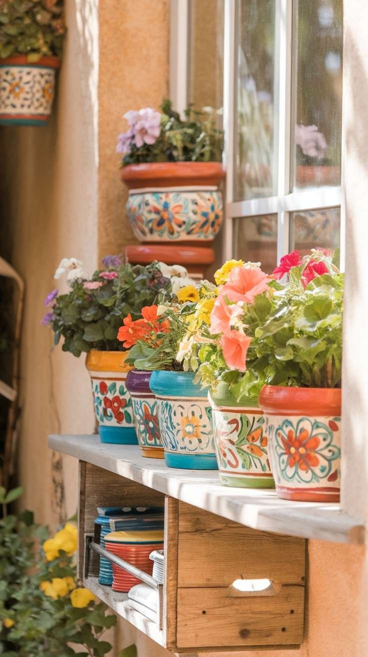 Colorful hand-painted terracotta pots with flowers.