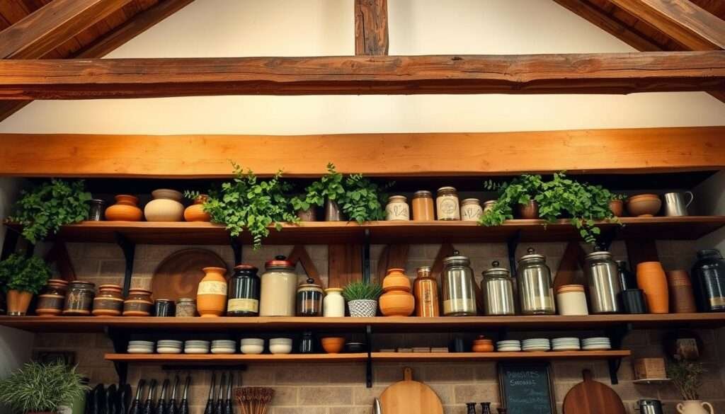 open shelving with beams