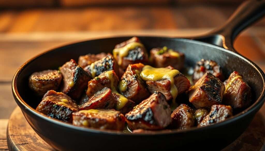 seared steak bites in skillet