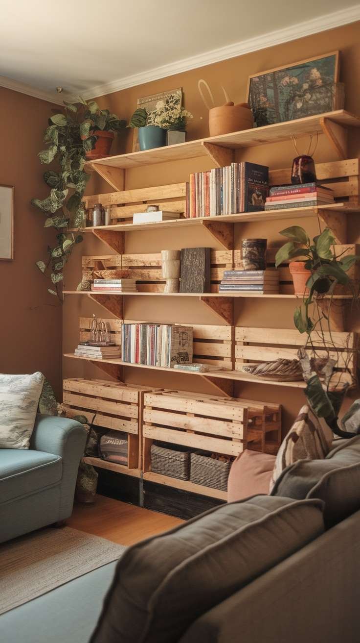 Upcycled wooden pallet shelves displaying books, plants, and decorative items.