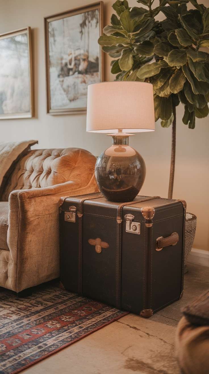 A vintage suitcase used as a side table with a lamp and a cozy couch in a stylish living room.