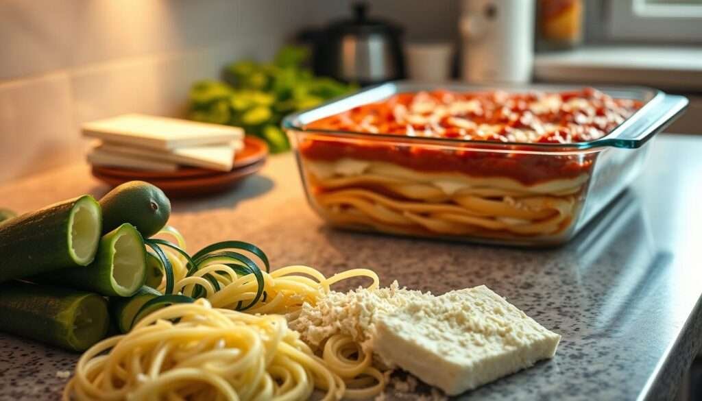 A beautifully lit kitchen counter with a partially assembled keto lasagna. In the foreground, fresh zucchini noodles and a mixture of ricotta, mozzarella, and parmesan cheeses. In the middle ground, a large casserole dish filled with layers of the noodles and cheese mixture, topped with a rich tomato sauce. Soft, warm lighting casts a cozy glow over the scene, highlighting the textures and colors of the ingredients. The angle is slightly elevated, providing a clear view of the layering process and the delicious-looking result. The overall atmosphere is one of inviting preparation, where the viewer can almost smell the aroma of the simmering sauce and melting cheese.