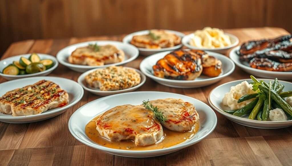 A beautifully lit overhead shot of a wooden table with various keto-friendly pork chop dishes arranged artfully. In the foreground, a plate showcases pan-seared pork chops in a rich, creamy garlic sauce, garnished with fresh thyme. Behind it, alternate variations such as baked pork chops with a parmesan herb crust, grilled pork chops marinated in a zesty lemon-herb mixture, and air-fryer pork chops with a crispy exterior. The mid-ground features side dishes like roasted Brussels sprouts and cauliflower mash. The background gradually fades into a softly blurred, warm-toned setting, creating an inviting and appetizing atmosphere.