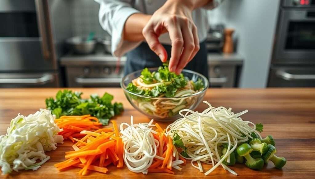 A beautifully lit overhead view of a wooden countertop, showcasing the step-by-step preparation of an egg roll bowl. In the foreground, freshly sliced vegetables like cabbage, carrots, and bean sprouts are neatly arranged. In the middle ground, a chef's hand is delicately arranging the ingredients in a large bowl, creating a visually appealing arrangement. The background features a clean, modern kitchen with stainless steel appliances, suggesting a professional setting. The lighting is soft and natural, casting gentle shadows and highlights to enhance the textures and colors of the ingredients. The overall mood is one of culinary precision and appetizing simplicity, perfectly capturing the essence of the &amp;amp;quot;Step-by-Step Cooking Instructions&amp;amp;quot; for an inside-out egg roll bowl.