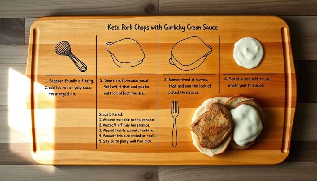 A beautifully lit overhead view of a wooden cutting board with a series of step-by-step cooking instructions rendered in a clean, minimalist illustration style. The instructions depict the key stages of preparing a delectable Keto Pork Chops with Garlicky Cream Sauce dish, from seasoning the meat to searing, simmering the sauce, and plating the final dish. The illustration features muted, earthy tones that evoke a sense of rustic, homemade cooking. The composition is balanced and uncluttered, allowing the instructional steps to take center stage and guide the viewer through the recipe with clarity and precision.