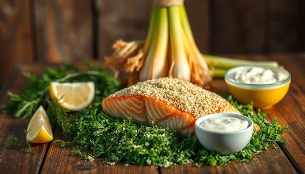 A beautifully lit still life arrangement on a rustic wooden table, capturing the key ingredients for Horseradish-Crusted Salmon with Crispy Leeks. In the foreground, a fresh salmon fillet sits atop a bed of chopped fresh dill, with a generous coating of horseradish crumbs. Surrounding the salmon are neatly arranged sprigs of fresh thyme, a lemon wedge, and a small bowl of creamy horseradish sauce. In the middle ground, a bundle of crisp, golden-brown leeks stands tall, their delicate leaves cascading across the table. The background is softly blurred, allowing the ingredients to take center stage under warm, natural lighting, conveying a sense of rustic elegance and culinary delight.
