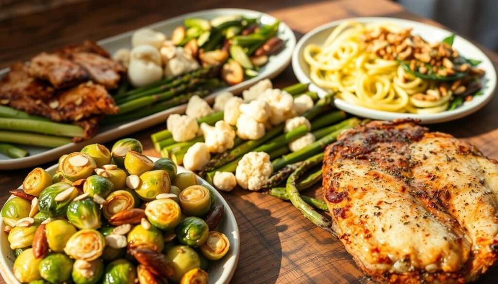 A bountiful spread of keto-friendly side dishes, artfully arranged on a rustic wooden table. In the foreground, roasted brussels sprouts with slivered almonds and a drizzle of lemon-garlic olive oil. Alongside, a bed of steamed cauliflower florets, dressed in a rich, creamy sauce. In the middle, grilled asparagus spears, with a light char and a sprinkle of sea salt. In the background, a colorful medley of zucchini noodles, tossed with pesto and toasted pine nuts. The scene is bathed in warm, natural lighting, casting a cozy, inviting atmosphere, perfect for complementing the savory keto pork chops.
