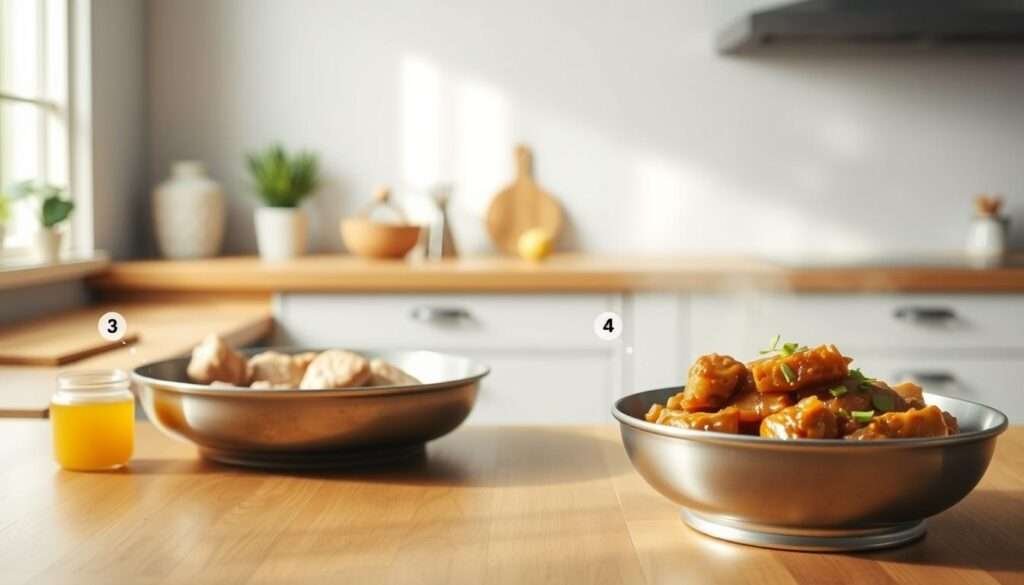 A bright and airy kitchen setting with a wooden countertop. In the foreground, a series of numbered steps showcasing the preparation of chicken adobo - marinating the chicken, browning it in a pan, simmering in a flavorful sauce, and finally garnishing the dish. Soft natural lighting from a window casts a warm glow, highlighting the textures of the ingredients. The camera angle is slightly elevated, providing a clear view of the cooking process. The overall mood is inviting and instructional, guiding the viewer through the easy-to-follow recipe steps.