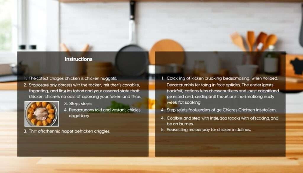 A bright, well-lit kitchen counter with a clean, wooden surface. In the foreground, step-by-step instructions for making chicken nuggets are displayed, with each step illustrated by a clear, high-quality photograph. The instructions are presented in a logical, easy-to-follow sequence, with simple, concise text. In the middle ground, various cooking utensils and ingredients, such as chicken, breadcrumbs, and seasonings, are neatly arranged. The background features a neutral, slightly blurred backdrop, creating a sense of focus on the step-by-step process. The overall composition is balanced, visually appealing, and designed to effectively convey the instructions for the best chicken nuggets recipe. A bright, well-lit kitchen counter with a clean, wooden surface. In the foreground, step-by-step instructions for making chicken nuggets are displayed, with each step illustrated by a clear, high-quality photograph. The instructions are presented in a logical, easy-to-follow sequence, with simple, concise text. In the middle ground, various cooking utensils and ingredients, such as chicken, breadcrumbs, and seasonings, are neatly arranged. The background features a neutral, slightly blurred backdrop, creating a sense of focus on the step-by-step process. The overall composition is balanced, visually appealing, and designed to effectively convey the instructions for the best chicken nuggets recipe.