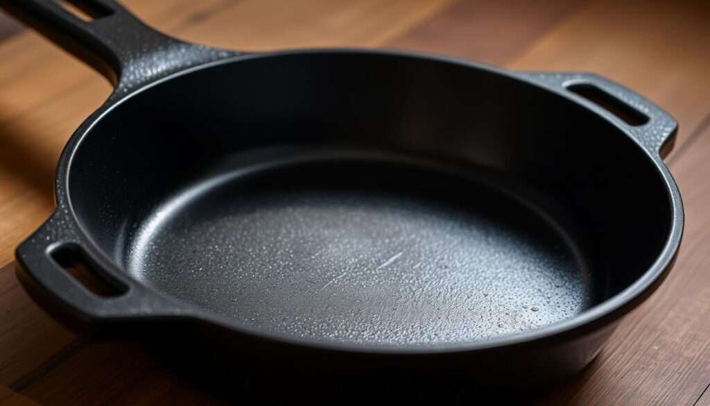 A cast-iron skillet, its deep black surface gleaming under soft, warm lighting, sitting at the center of the frame. The skillet is slightly angled, highlighting its sturdy, well-seasoned construction. The background is slightly blurred, creating a focus on the skillet's detailed texture and natural patina. The lighting casts gentle shadows, accentuating the skillet's shape and depth. The overall mood is rustic, inviting, and evocative of home-cooked meals and culinary craftsmanship.
