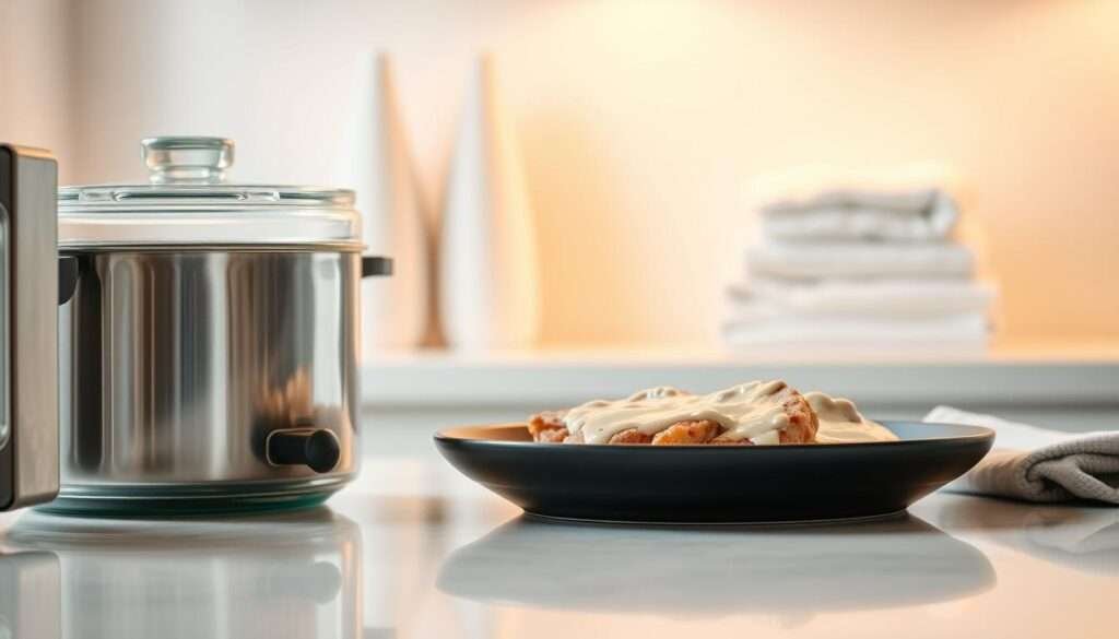 A clean, well-lit kitchen counter, with a glass food storage container and a stainless steel saucepan in the foreground. In the middle ground, a microwaved plate of steaming pork chops and creamy sauce, ready to be reheated. The background features neatly folded dish towels and a minimalist backsplash, creating a serene, organized atmosphere. Warm, diffused lighting illuminates the scene, highlighting the textures and colors of the kitchen items. The overall composition conveys a sense of efficiency and preparedness for storing and reheating the delicious keto pork chops.