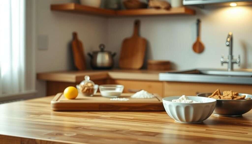 A clean, well-lit kitchen countertop with a wooden cutting board and essential baking ingredients neatly arranged. In the foreground, step-by-step instructions for preparing vegan magic cookie bars unfold, with ingredients and tools highlighted in a clear, visually appealing manner. The background features a soft, warm lighting that creates a cozy, inviting atmosphere, evoking the comfort and deliciousness of the final dessert. The camera angle is slightly elevated, providing a clear, comprehensive view of the step-by-step process. The overall composition is balanced, with a harmonious color palette and a sense of order that guides the viewer through the baking instructions.