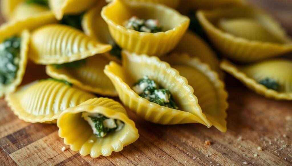 A close-up view of fresh, cooked pasta shells, gently arranged on a rustic wooden surface, showcasing their delicate ridges and tender texture. The shells are perfectly al dente, their vibrant green hue hinting at the spinach and ricotta filling within. Soft, diffused lighting casts a warm, inviting glow, highlighting the delicate shadows and highlighting the shells' intricate shape. The background is slightly blurred, allowing the pasta to take center stage and draw the viewer's attention to the simple, yet mouthwatering preparation at hand.