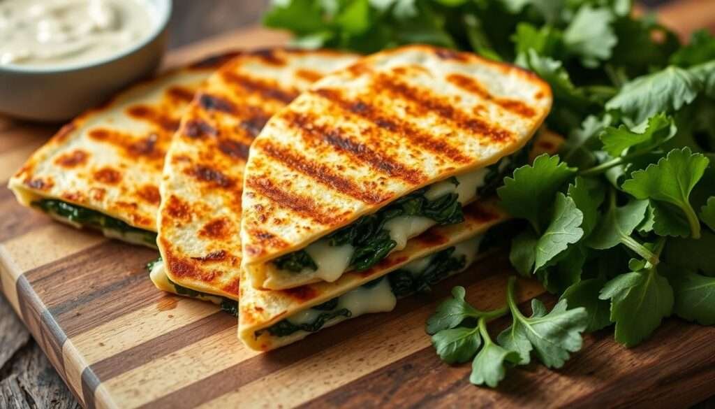 A close-up view of freshly made spinach and feta quesadillas, perfectly grilled to a golden-brown crisp, oozing with melted cheese. The quesadillas are artfully arranged on a wooden cutting board, accompanied by a vibrant green side salad and a small dish of creamy garlic-herb dipping sauce. The lighting is soft and natural, accentuating the textures and colors of the dish. The overall atmosphere is inviting and appetizing, capturing the essence of this delicious and comforting spinach and feta quesadillas recipe. A close-up view of freshly made spinach and feta quesadillas, perfectly grilled to a golden-brown crisp, oozing with melted cheese. The quesadillas are artfully arranged on a wooden cutting board, accompanied by a vibrant green side salad and a small dish of creamy garlic-herb dipping sauce. The lighting is soft and natural, accentuating the textures and colors of the dish. The overall atmosphere is inviting and appetizing, capturing the essence of this delicious and comforting spinach and feta quesadillas recipe.