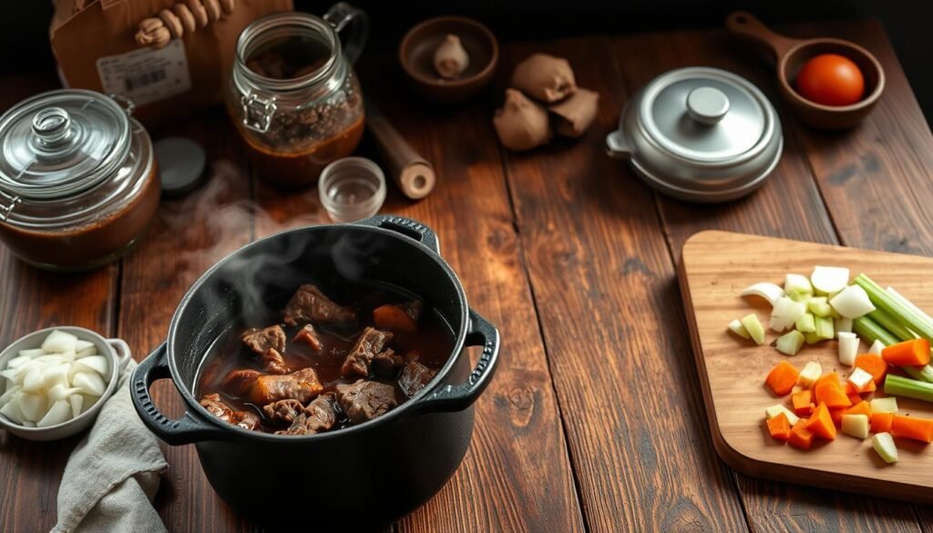 A closeup shot of a rustic wooden table, with various cooking utensils and ingredients arrayed neatly. In the foreground, a large cast-iron pot simmers gently, steam rising from the savory beef stew within. Nearby, a wooden cutting board displays freshly chopped onions, carrots, and celery, ready to be added to the pot. Warm, natural lighting from above casts a cozy glow, and the scene is framed by a simple, uncluttered background, allowing the cooking process to be the focal point. The overall mood is one of homey, comforting preparation, perfect for illustrating a step-by-step guide to creating a delicious Keto beef stew.