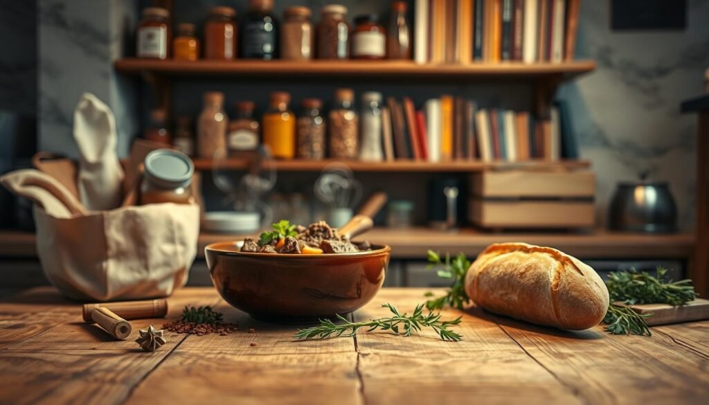 A cozy kitchen setting, with a rustic wooden table in the foreground. On the table, a steaming bowl of hearty beef stew, accompanied by fresh herbs, aromatic spices, and a crusty bread loaf. In the background, shelves lined with jars and cookbooks, casting a warm, inviting glow from the soft lighting above. The scene exudes a sense of culinary expertise and the comforting aromas of a well-crafted stew, beckoning the viewer to dive into the perfect keto-friendly meal.
