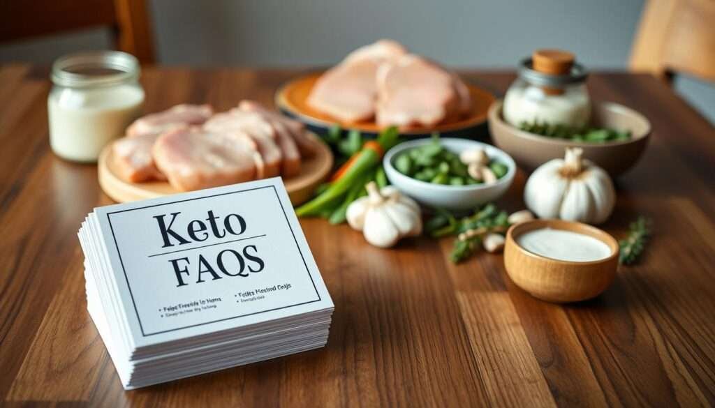 A crisp, high-resolution image of a wooden table with a clean, minimal design. In the foreground, a stack of stylish recipe cards showcasing "Keto Pork FAQs", each card featuring a simple, elegant typography and clean illustrations. The middle ground features a neatly arranged selection of keto-friendly ingredients, such as pork chops, heavy cream, garlic, and herbs, creating a visually appealing and informative composition. The background is softly blurred, allowing the table and cards to be the focal point, conveying a sense of simplicity and culinary expertise. The lighting is natural and diffused, creating a warm, inviting atmosphere that complements the overall aesthetic.