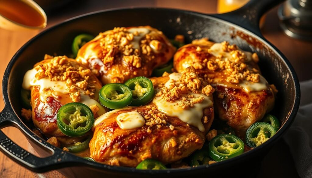A delectable Jalapeño Popper Chicken Skillet, sizzling in a well-seasoned cast-iron pan. Juicy chicken thighs nestled among vibrant green jalapeño slices, crowned with a creamy, melted blanket of cheddar and cream cheese. Toasted breadcrumbs add a satisfying crunch, while a drizzle of honey lends a subtle sweetness. The scene is bathed in warm, golden-hour lighting, casting a cozy, inviting glow. Detailed textures and realistic, mouthwatering presentation capture the essence of this flavorful one-pot meal.
