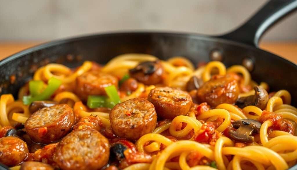 A delectable chicken sausage skillet dish, sizzling with bold flavors. In the foreground, golden-brown sausage slices nestled among sautéed onions, bell peppers, and mushrooms, simmered in a savory tomato-based sauce. The middle ground features al dente pasta twirled around the hearty ingredients, while the background showcases a rustic cast-iron skillet against a neutral backdrop, radiating warmth and inviting aromas. Soft, diffused lighting casts a cozy glow, highlighting the dish's vibrant colors and textures. The overall mood is comforting, homemade, and sure to leave your taste buds craving more of this irresistible chicken sausage masterpiece.