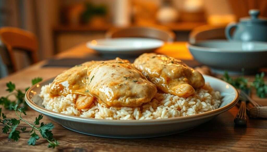 A delectable, family-style chicken and rice dish, set against a warm, cozy kitchen backdrop. In the foreground, a plate showcases tender, well-seasoned chicken breasts, smothered in a rich, creamy sauce, nestled atop a bed of fluffy, aromatic rice. Surrounding the plate, a scattering of fresh herbs, like parsley and thyme, adds a vibrant touch. In the middle ground, a wooden table, set with simple, rustic dinnerware, creates an inviting and homey atmosphere. The background features soft, diffused lighting, suggesting a comfortable, intimate setting, perfect for enjoying this nourishing, comforting meal. The overall scene evokes a sense of warmth, simplicity, and the satisfaction of a homemade, easy-to-prepare chicken dinner. A delectable, family-style chicken and rice dish, set against a warm, cozy kitchen backdrop. In the foreground, a plate showcases tender, well-seasoned chicken breasts, smothered in a rich, creamy sauce, nestled atop a bed of fluffy, aromatic rice. Surrounding the plate, a scattering of fresh herbs, like parsley and thyme, adds a vibrant touch. In the middle ground, a wooden table, set with simple, rustic dinnerware, creates an inviting and homey atmosphere. The background features soft, diffused lighting, suggesting a comfortable, intimate setting, perfect for enjoying this nourishing, comforting meal. The overall scene evokes a sense of warmth, simplicity, and the satisfaction of a homemade, easy-to-prepare chicken dinner.
