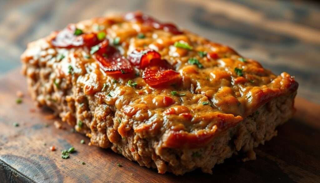 A delectable keto meatloaf, its golden-brown exterior adorned with crispy bacon strips, rests on a rustic wooden surface. The savory aroma of garlic, herbs, and ground beef wafts through the air, inviting you to indulge. Soft, moist, and packed with flavor, this meatloaf is the epitome of comfort food, perfect for a cozy meal. Illuminated by warm, natural lighting and captured from a slightly elevated angle, the dish showcases its tempting textures and layers of ingredients, making it a mouthwatering centerpiece for any keto-friendly gathering.